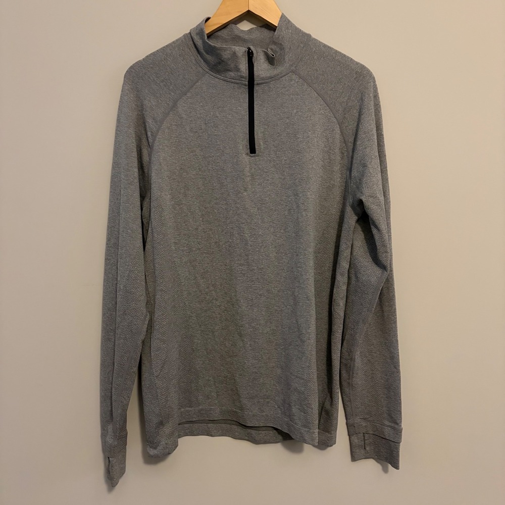 Fabletics Mens Quarter Zip Pullover Heather Gray Long Sleeve Thumbholes Size L